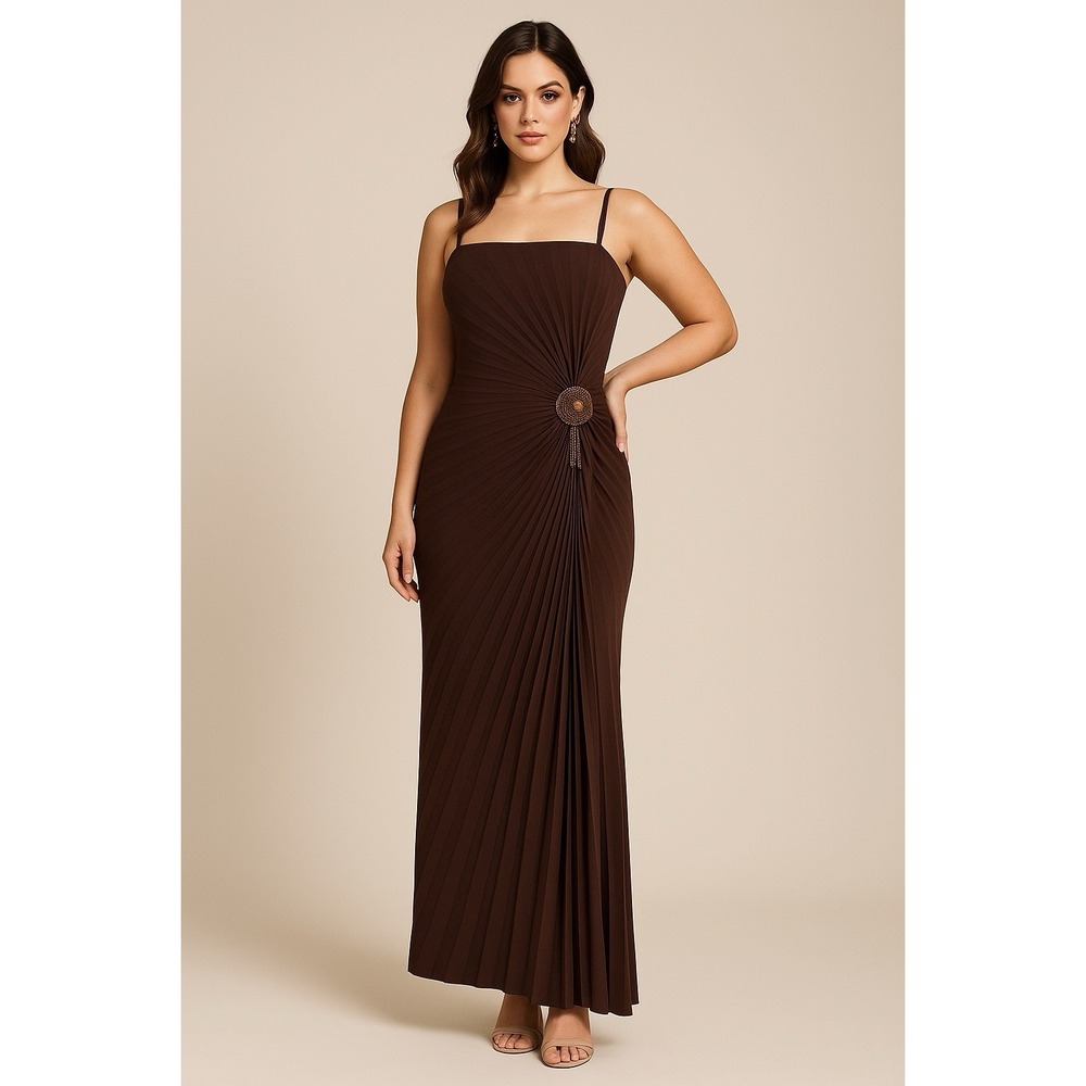 Vtg‎ Joseph Ribkoff Brown Pleated Gown Sz 10 Beaded Structural Event Party Dress